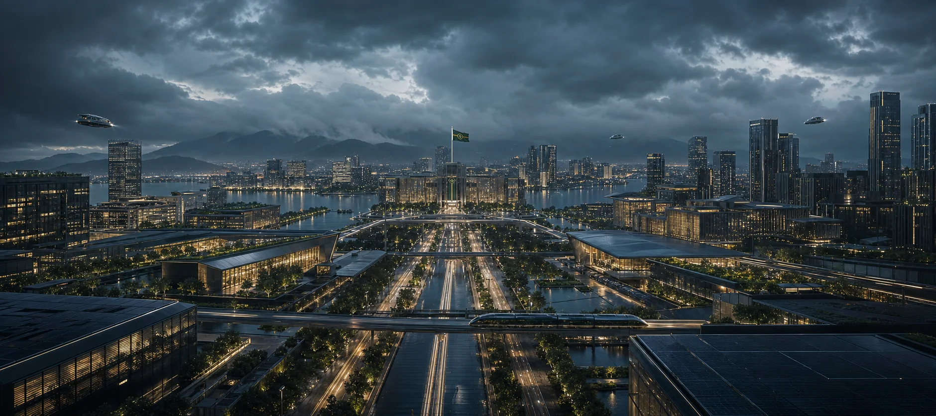 A panoramic view across the connected AI-era capital districts of the Republic of Domainers in 2027.